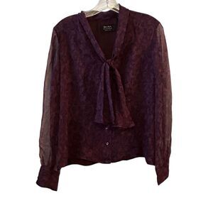 Dana Buchman Petite Silk Blouse M Purple Tie-Neck Clip Dot Casual